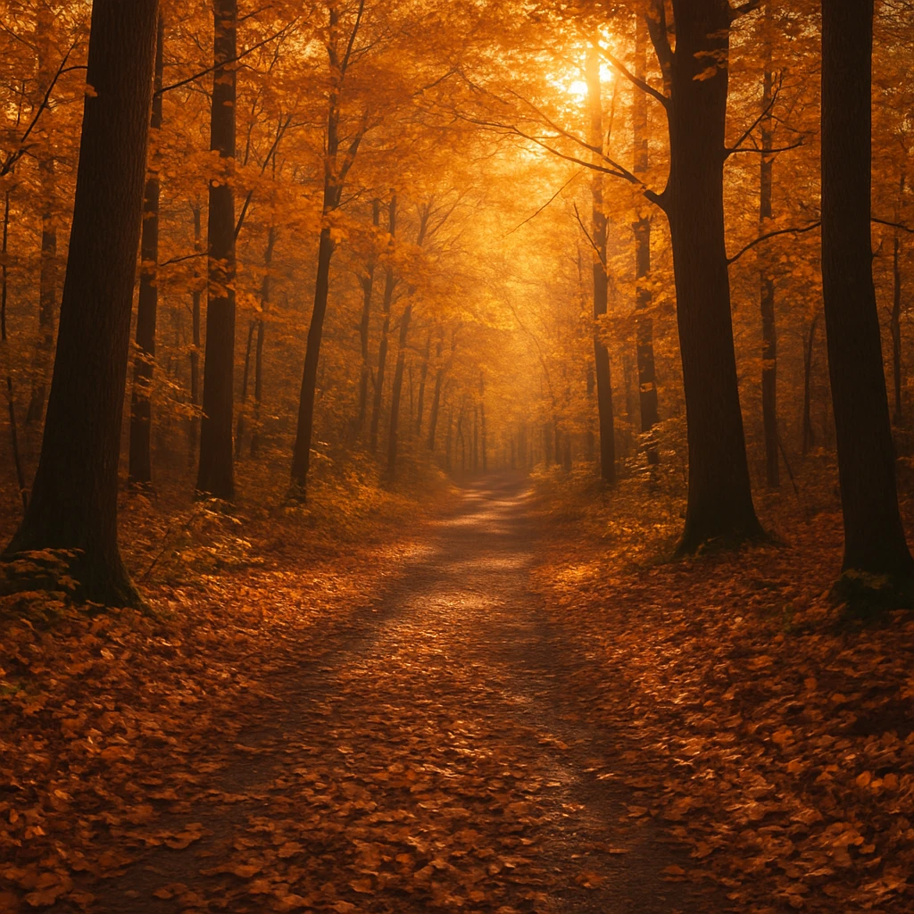 Creation by creationbyai: High-resolution DSLR photograph of an autumn forest path covered with fallen leaves, warm golden sunlight filtering through the trees, realistic photography style
