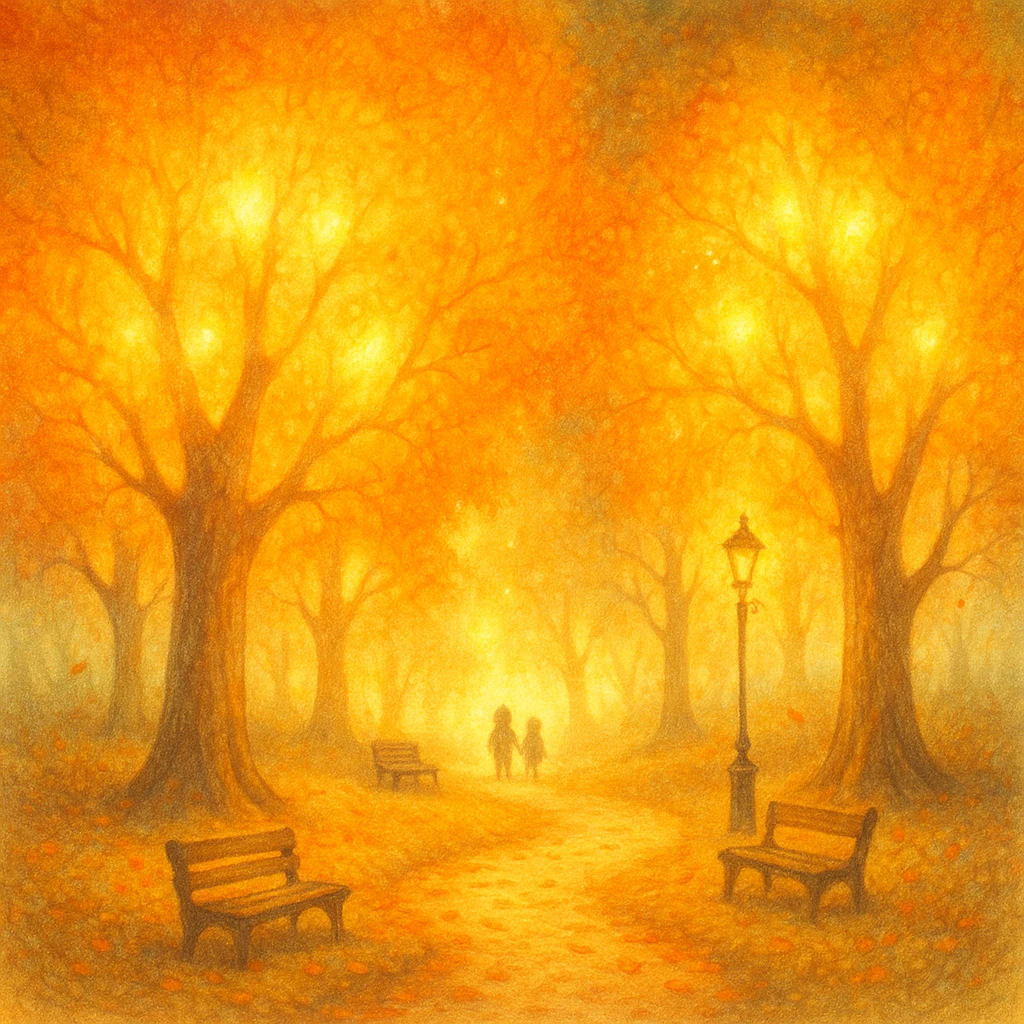 Creation by creationbyai: autumn park, soft glowing trees with orange and yellow foliage, a magical and whimsical atmosphere, storybook illustration