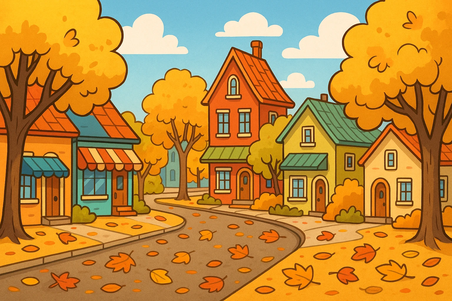 Creation by creationbyai: Cozy cartoon town in autumn, streets lined with golden trees, fallen leaves scattered on the ground, cheerful and colorful comic style