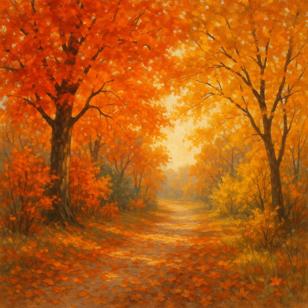 Creation by creationbyai: An autumn scene with a sun-dappled path winding through a vibrant forest. The foreground features a striking pair of trees with fiery leaves, while the distant background fades into gentler hues, creating a sense of depth and tranquility.