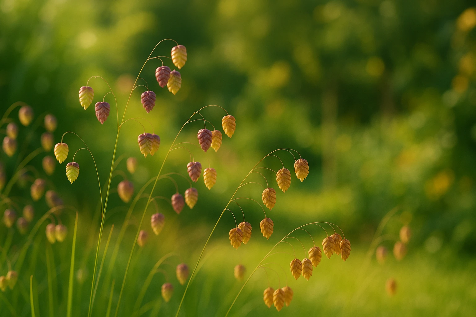 Creation by lad0305: Horizontal layout, no text, quaking grass (Briza media), a grass family plant, swaying in the summer sunlight, showing seed heads changing from light green to purplish to golden brown, natural garden background, soft and warm atmosphere