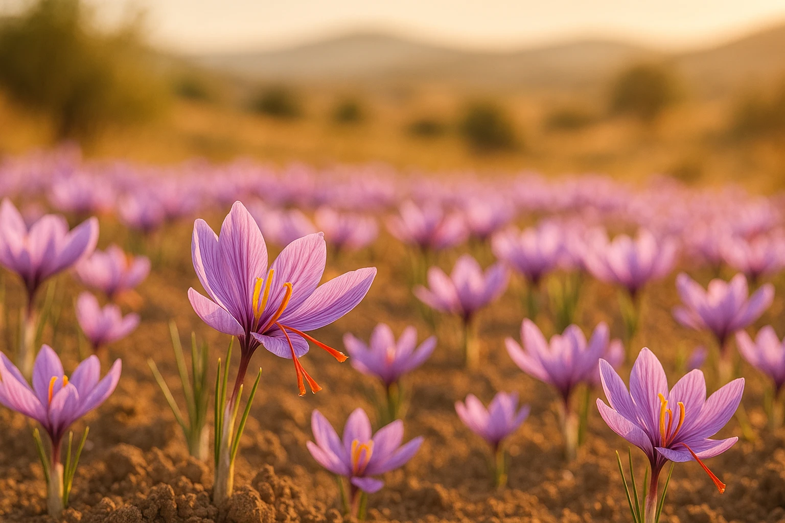 Creation by lad0305: Under the autumn sunlight, a vibrant saffron flower field in full bloom with purple petals, long red stigmas protruding outside the petals, warm-toned natural atmosphere, Mediterranean-style landscape background, high resolution, horizontal layout