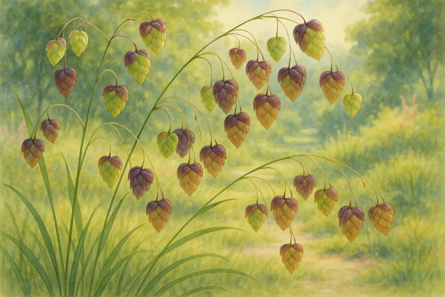 Creation by leesung: Horizontal layout illustration of Quaking Grass (Briza media) swaying in a gentle breeze in a naturalistic garden setting. Delicate, heart-shaped seed heads in shades of green, purple, and golden brown, mid-summer lighting with soft focus background, artistic botanical style.