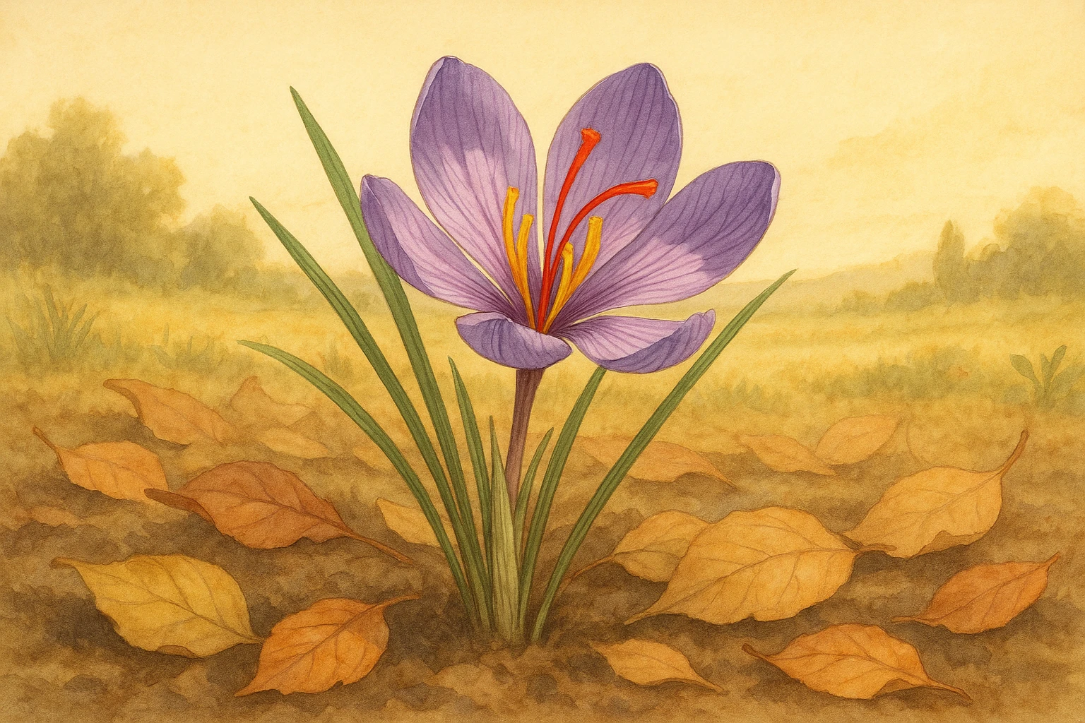 Creation by leesung: Horizontal layout, a delicate purple saffron crocus flower blooming in early autumn, with vivid red stigmas prominently protruding, surrounded by soft fallen leaves, illustrated in a botanical, naturalistic style, warm afternoon lighting, peaceful Mediterranean field background