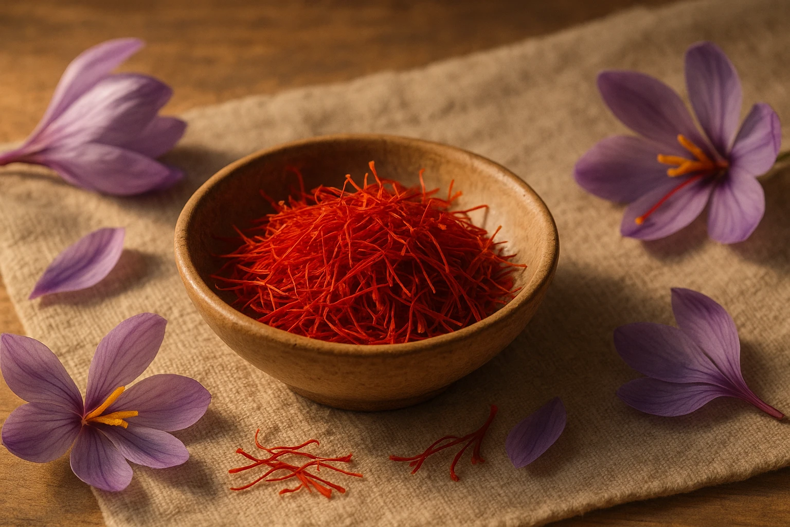 Creation by leesung: Horizontal layout, a close-up of vivid red saffron threads freshly harvested, resting in a small ceramic or wooden bowl, placed on rustic linen fabric, surrounded by purple crocus petals and soft natural shadows, warm golden lighting, Mediterranean kitchen setting, illustrated in a botanical and naturalistic style, delicate texture, calm and earthy atmosphere