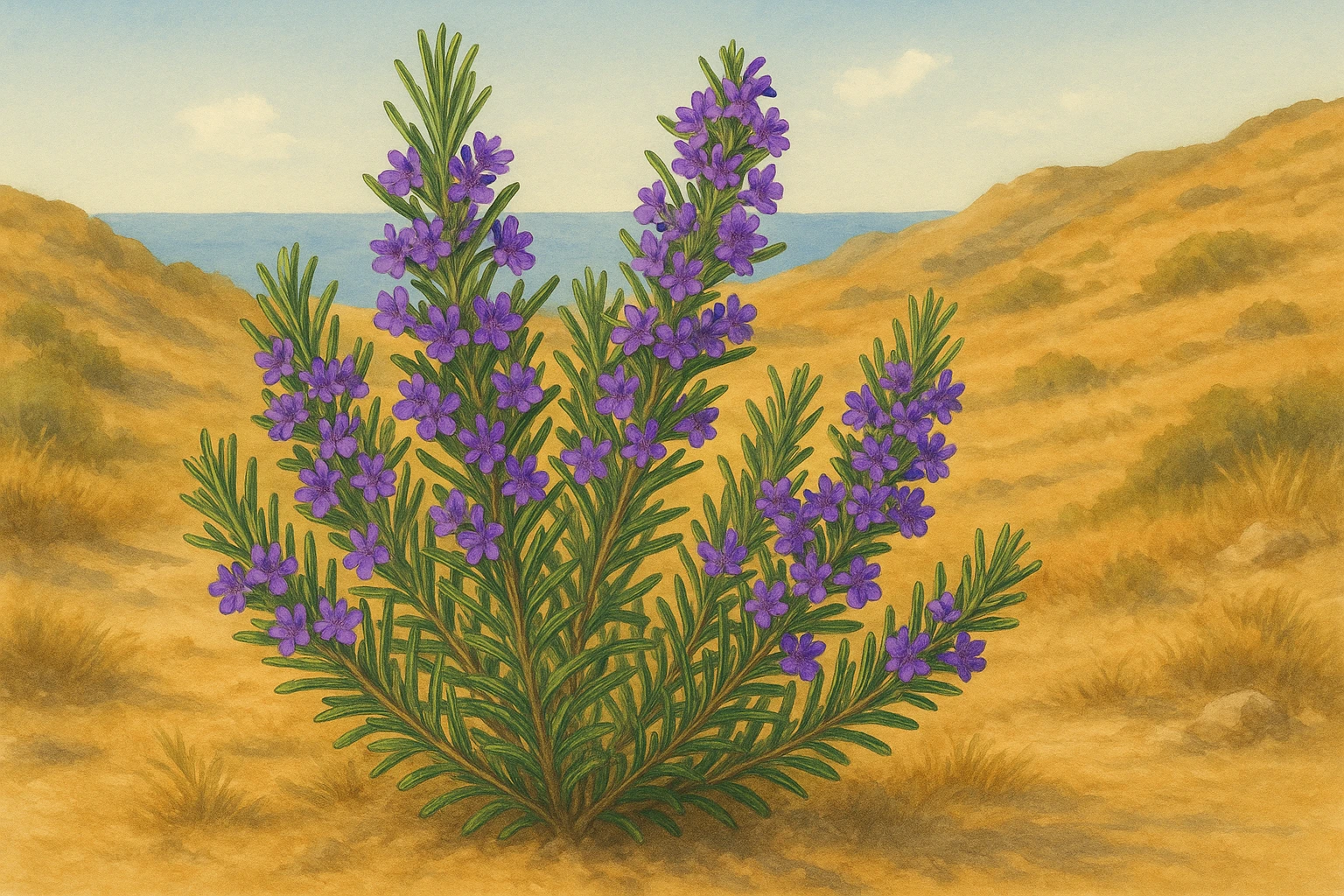 Creation by leesung: Horizontal layout illustration of rosemary (Salvia rosmarinus) growing on a sunlit Mediterranean coastal hillside, with slender needle-like leaves and clusters of small purple flowers, warm dry landscape in the background, botanical style