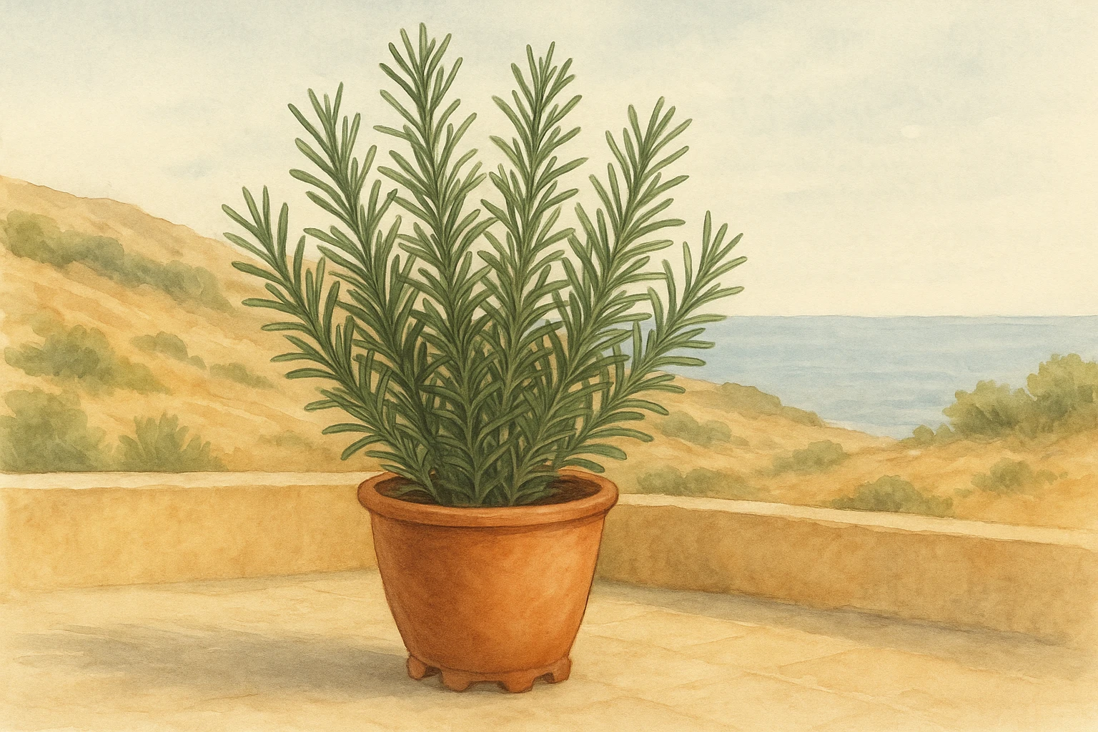 Creation by leesung: Horizontal layout illustration of potted rosemary (Salvia rosmarinus) placed on a sunlit Mediterranean terrace, with slender needle-like leaves, warm dry coastal landscape in the background, botanical style