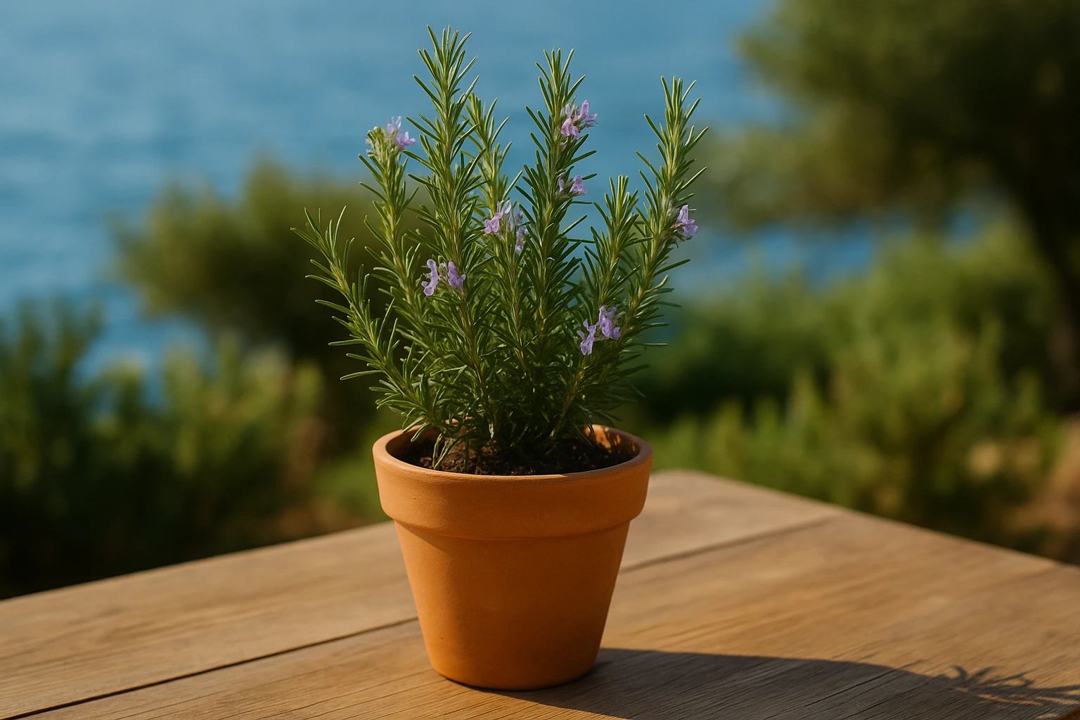 Creation by lad0305: A rosemary plant in a simple terracotta pot placed on a sunlit wooden table, with needle-like green leaves and small purple flowers, natural Mediterranean atmosphere, realistic photography style, horizontal composition