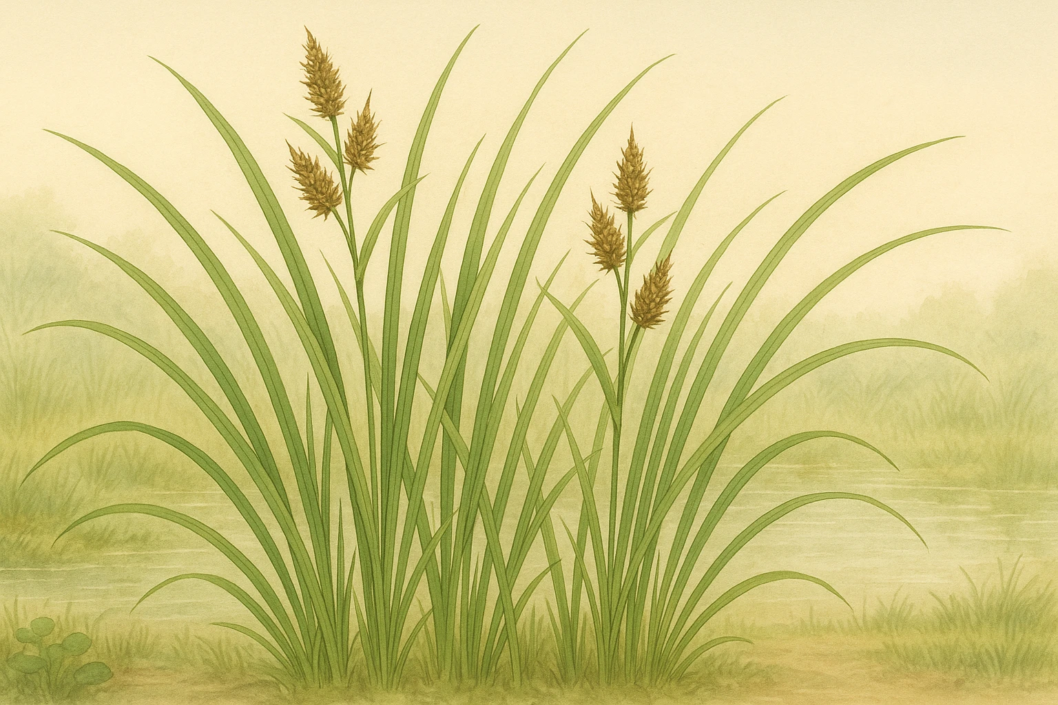 Creation by leesung: Illustration of Carex plants in a horizontal layout, set in a wetland or garden scene, emphasizing slender grass-like leaves and triangular stems, soft natural lighting, botanical illustration style