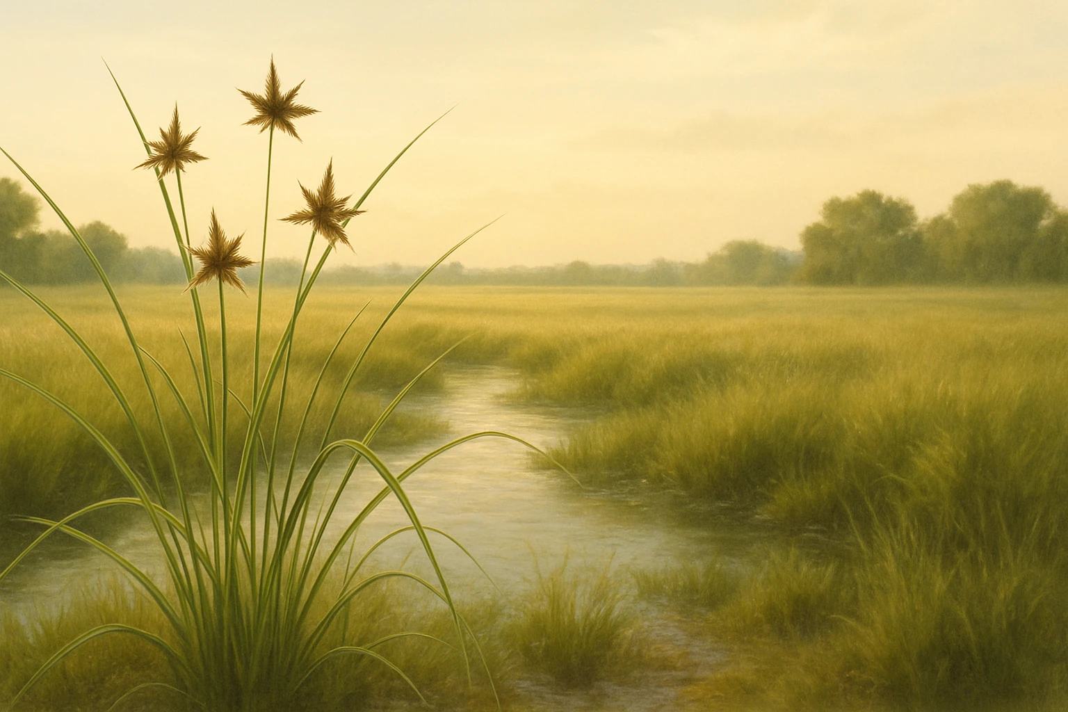 Creation by lad0305: A serene wetland scene basks in the warm light of the setting or rising sun, with tall sedges standing gracefully in the foreground against a shimmering water surface. The landscape stretches into vast golden fields, framed by softly glowing clouds and distant trees, creating a peaceful, balanced composition enhanced by the soft, diffused sunlight.