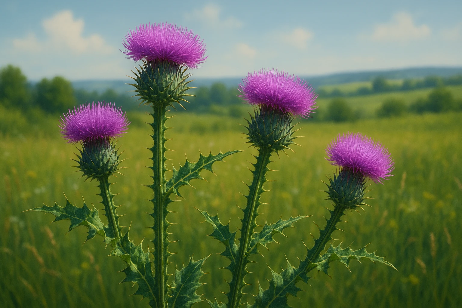 Creation by lad0305: Purple finned thistle flowers blooming in a sunlit meadow, with tall straight stems and side thorns spreading like fins, set against a natural European grassland landscape, vivid colors and realistic plant depiction, horizontal layout