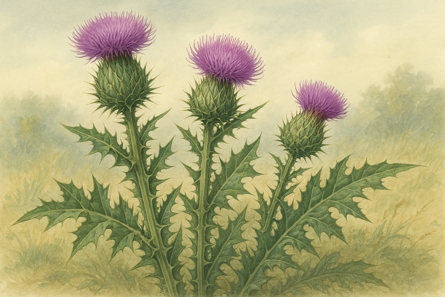 Creation by leesung: Horizontal layout, botanical illustration of Carduus crispus (Welted thistle) in bloom, with detailed focus on its spiny wings along the stem, violet tubular flowers, and jagged leaves, natural habitat background, soft pastel tones, realistic yet artistic style