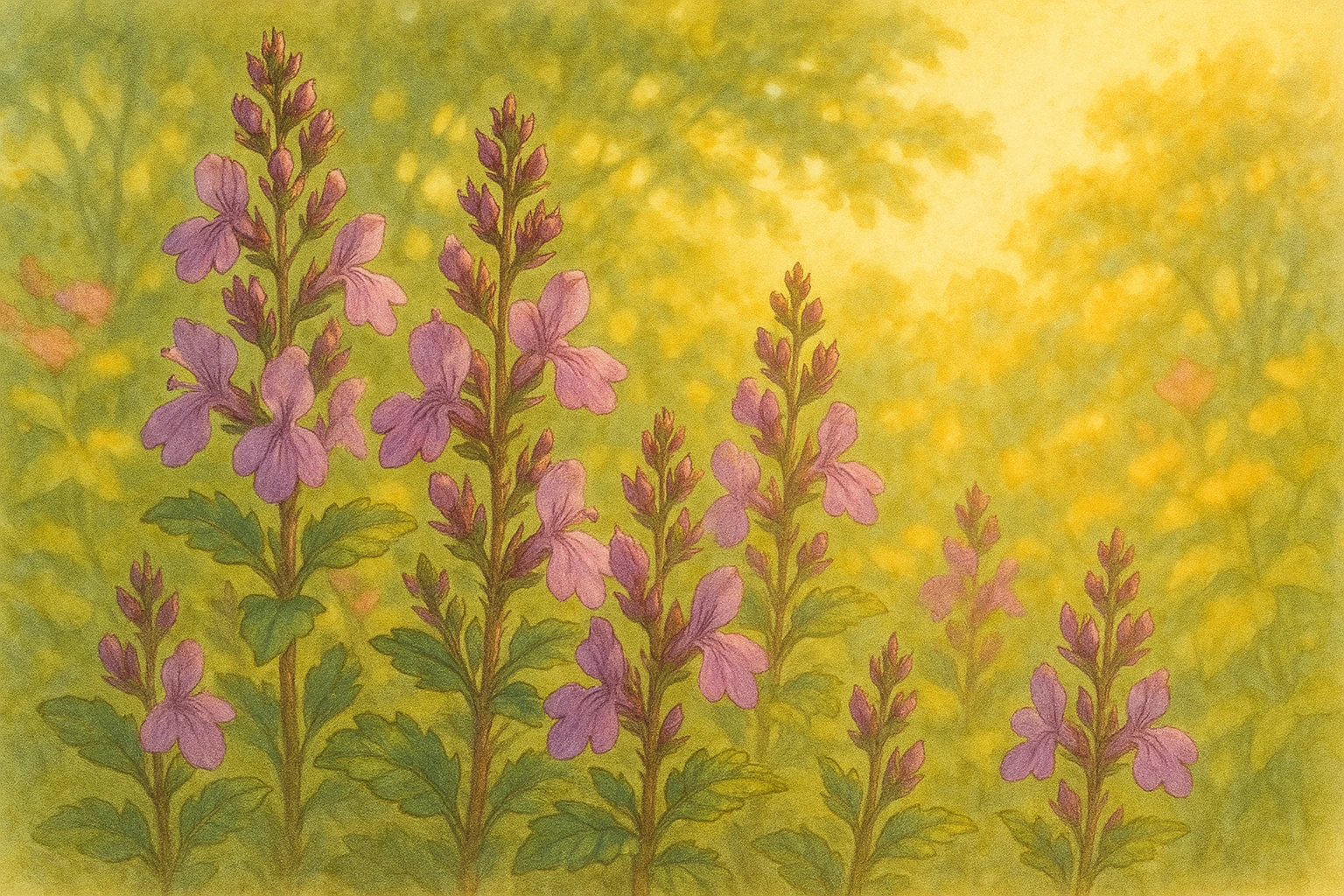 Creation by leesung: A delicate illustration of Germander flowers in bloom, set against a warm late-summer garden, soft sunlight filtering through green leaves, with detailed pinkish-purple petals and textured stems, horizontal layout