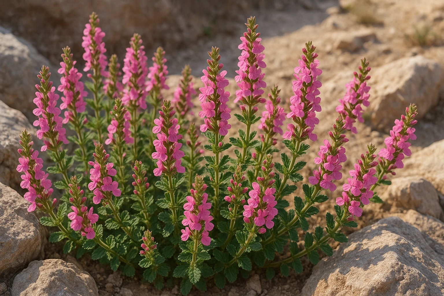 Creation by lad0305: A cluster of Teucrium chamaedrys (Germander) flowers blooming along rocky terrain in Mediterranean sunlight, showing pink blossoms on sturdy green stems, horizontal layout, no text