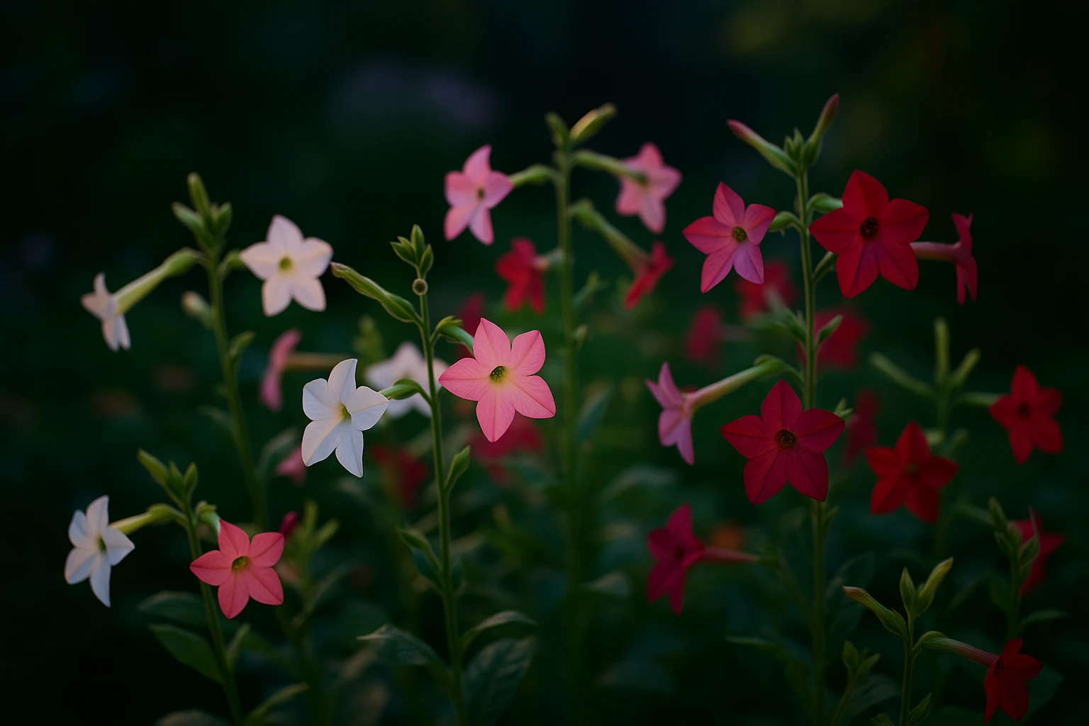 Creation by lad0305: A horizontal layout image of a Nicotiana alata (flowering tobacco) plant in full bloom during twilight, featuring various colors like white, pink, and red flowers, glowing softly in a garden setting with subtle evening light, surrounded by soft greenery and a calm ambiance, no text