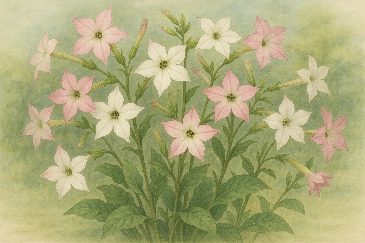 Creation by leesung: Horizontal layout, botanical illustration of flowering Nicotiana alata (flowering tobacco) in full bloom, soft pink and white star-shaped flowers, delicate green stems and foliage, gentle natural lighting, serene garden background, realistic style, elegant composition