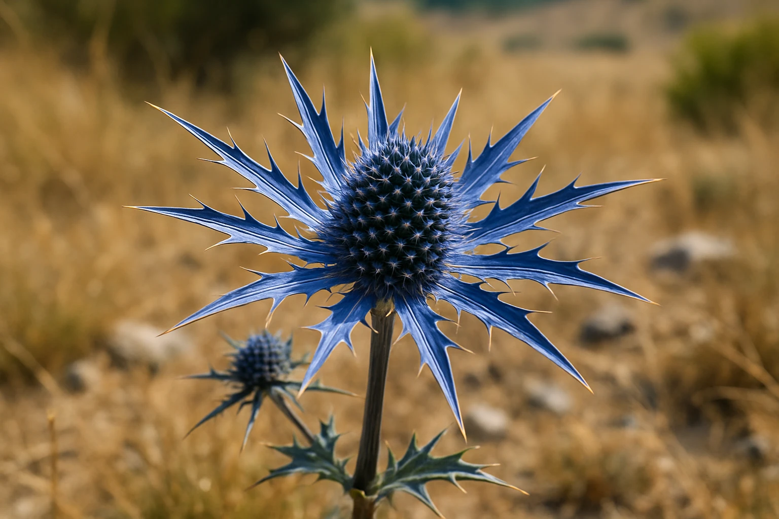 Creation by lad0305: Horizontal layout of a sea holly (Eryngium) flower in full bloom, featuring its sharp, spiky petals with a metallic blue sheen. The background shows a dry, sunlit meadow or rocky coastal area. Realistic botanical style, no text.