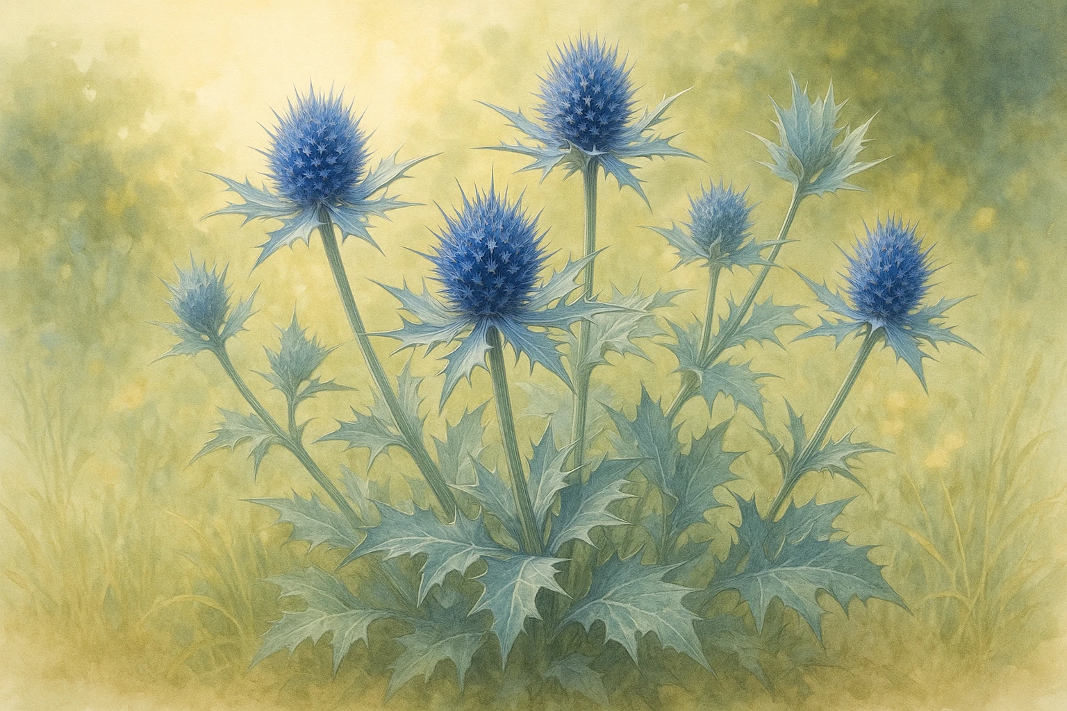 Creation by leesung: A horizontal illustration of Eryngium (Sea Holly) in full bloom, set in a natural garden with soft sunlight, showing its spiky blue flowers and silver-green foliage, artistic botanical style