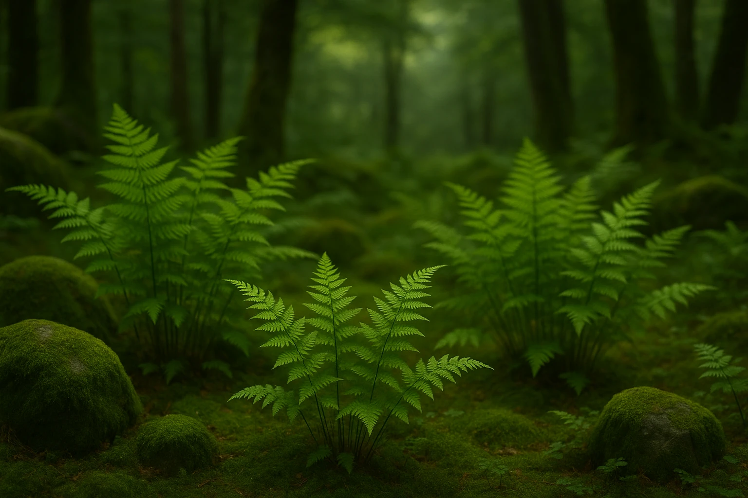 Creation by lad0305: A peaceful forest floor in late summer with clusters of vibrant green wood ferns (Dryopteris) growing in the shade, surrounded by moss-covered rocks and soft diffused light filtering through trees, horizontal layout, no text