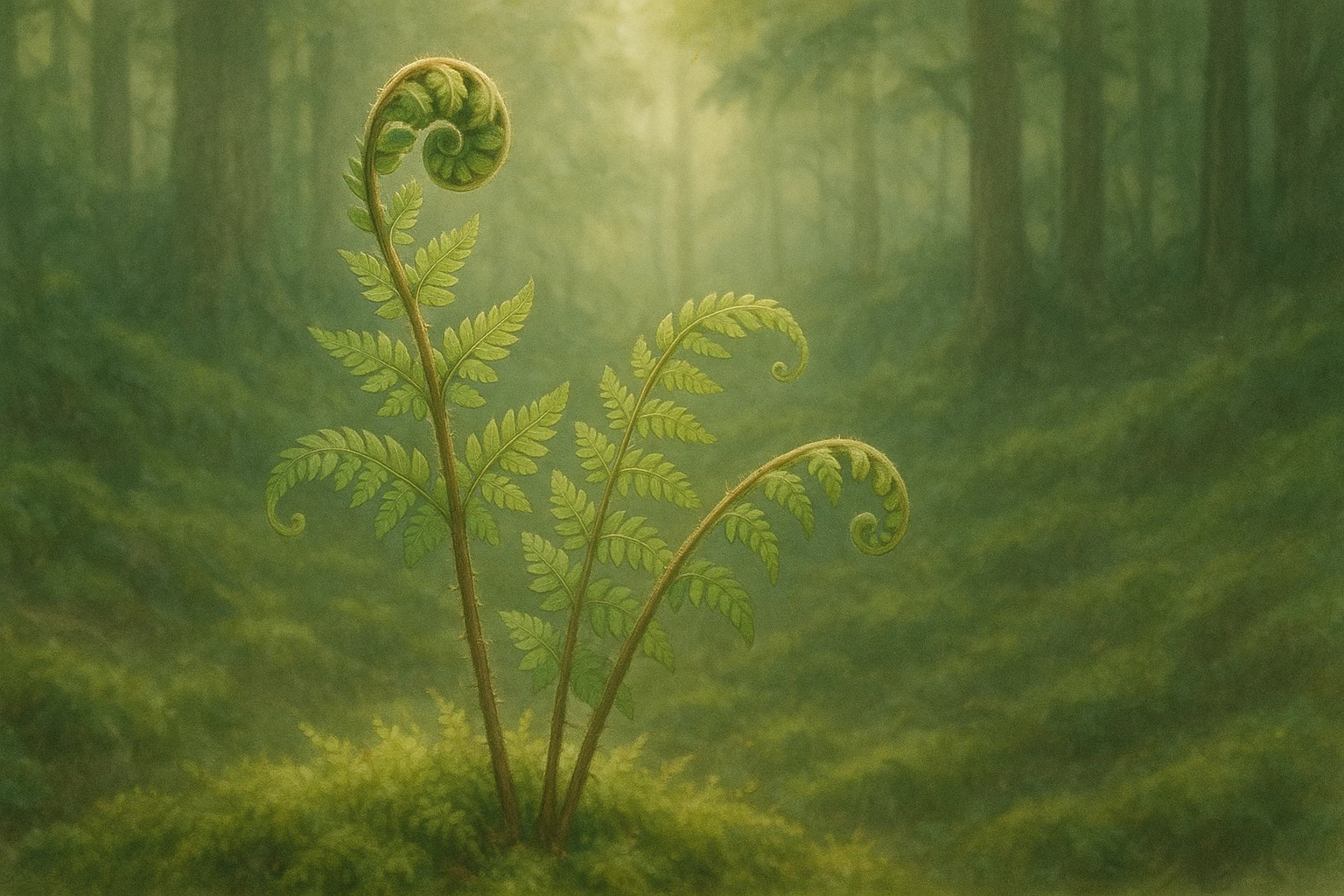 Creation by leesung: A delicate fern (Dryopteris) growing in a shaded forest floor, surrounded by soft moss, with light filtering through the trees. The fern's fronds are curled in a spiral, capturing the freshness and vitality of nature. Horizontal layout, botanical illustration style, soft natural colors, peaceful forest background.