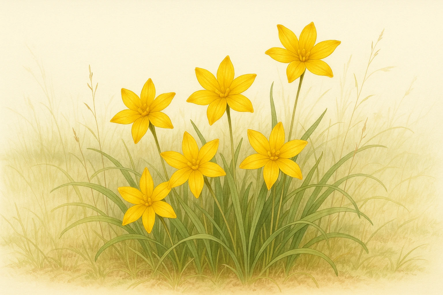 Creation by leesung: Horizontal layout illustration of Hypoxis aurea flowers blooming in a natural grassland, golden-yellow petals shining under soft daylight, botanical style, clean background, peaceful atmosphere, high detail, realistic colors