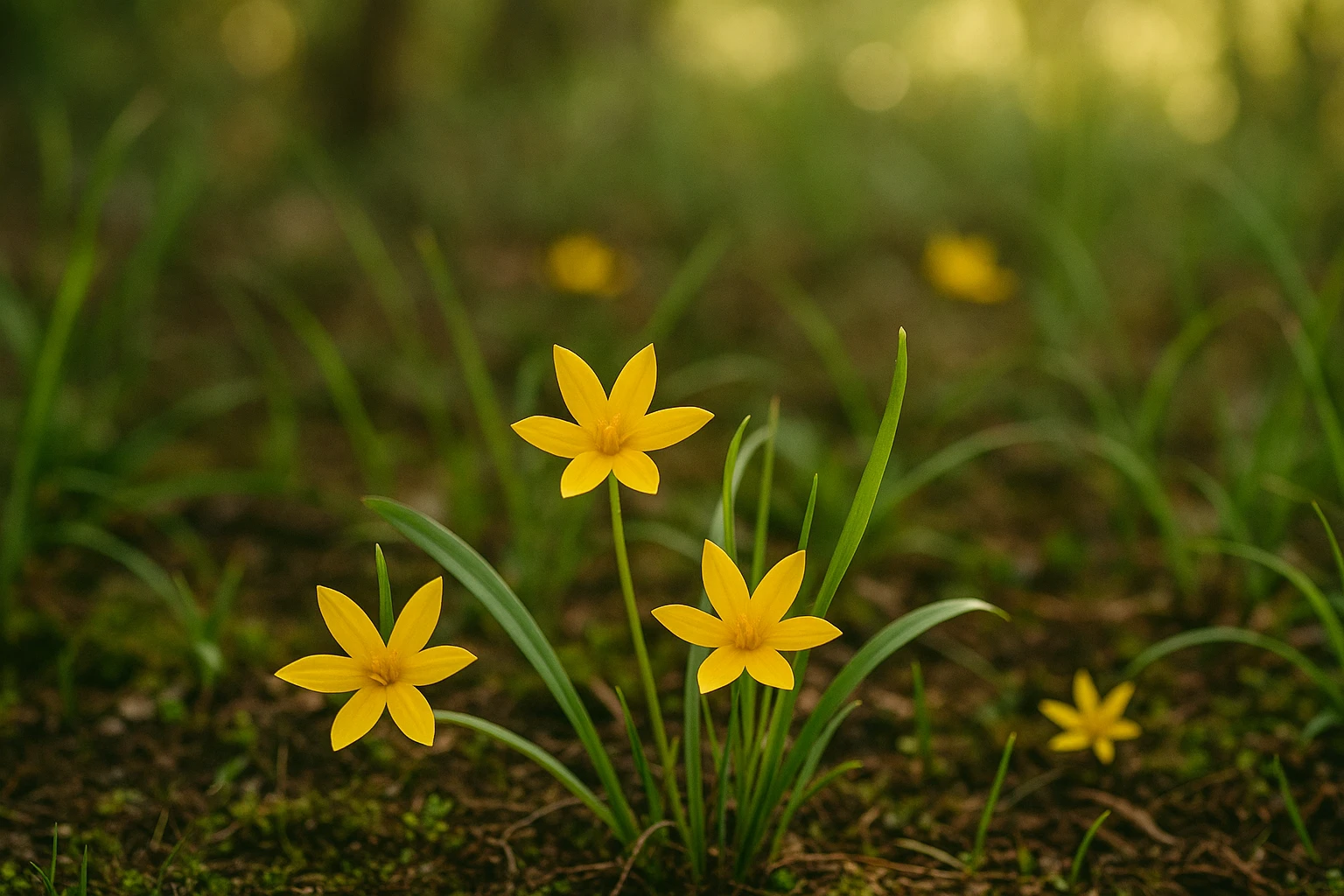 Creation by lad0305: A small perennial plant with bright yellow, star-shaped flowers blooming low to the ground in a moist, grassy environment. The background features gentle sunlight filtering through partial shade, evoking a warm, natural, and peaceful garden or forest edge. Horizontal layout.