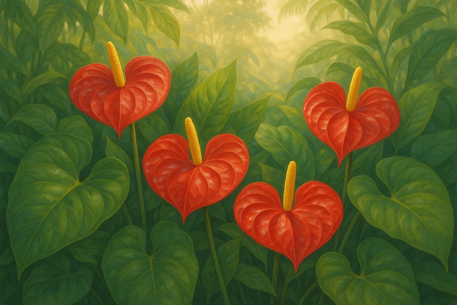 Creation by leesung: A horizontal illustration of Anthurium flowers in full bloom, surrounded by lush green tropical leaves, with soft sunlight filtering through. The scene captures the glossy red spathes and yellow spadices, emphasizing their heart-shaped structure. Botanical detail is highlighted in a calm, natural garden setting.