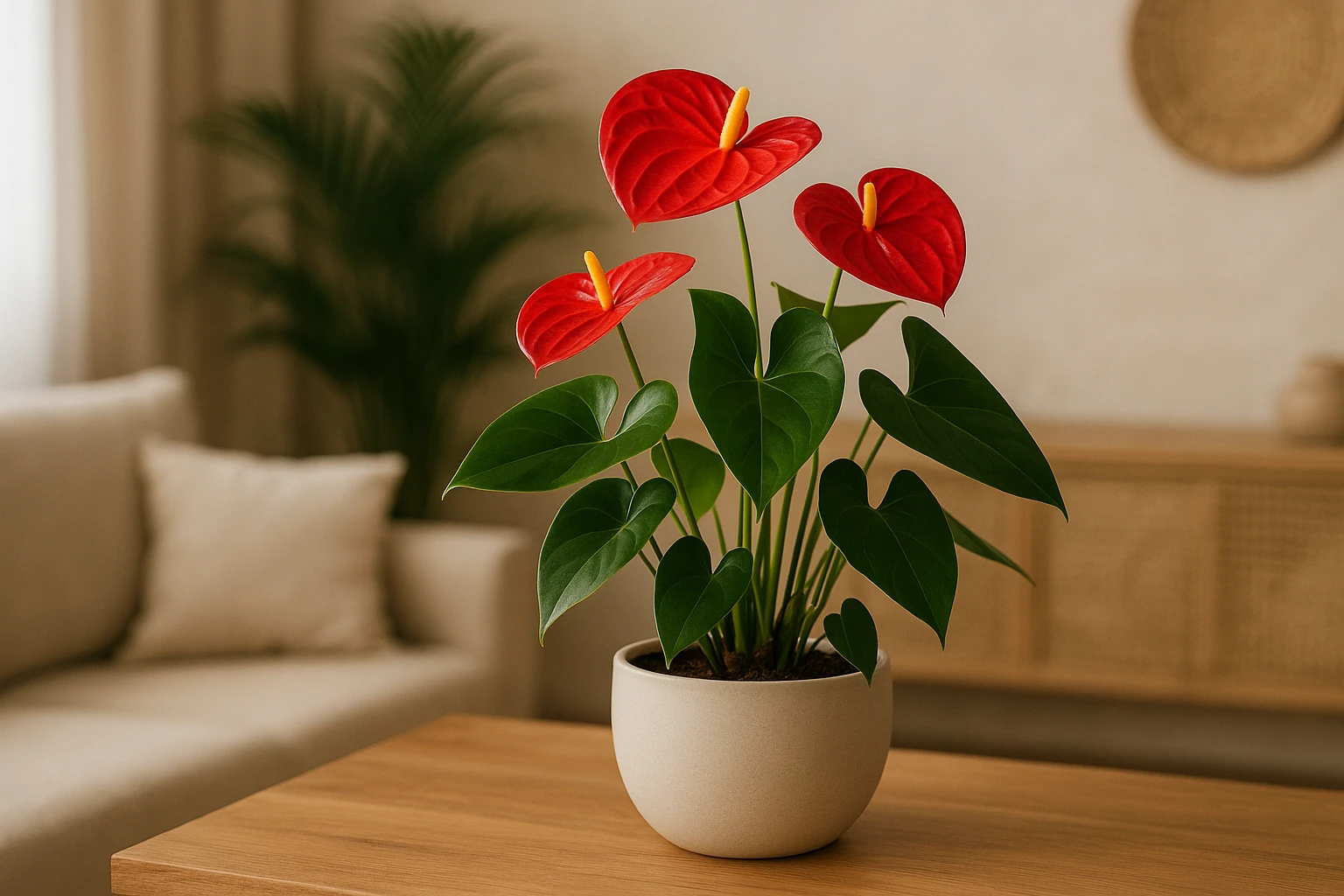 Creation by lad0305: A horizontal layout photo of a red Anthurium plant in a modern indoor setting with soft indirect light. The plant has heart-shaped spathes and lush green leaves, placed in a stylish ceramic pot on a wooden table. The background shows a cozy, tropical-themed room with neutral tones and natural textures.
