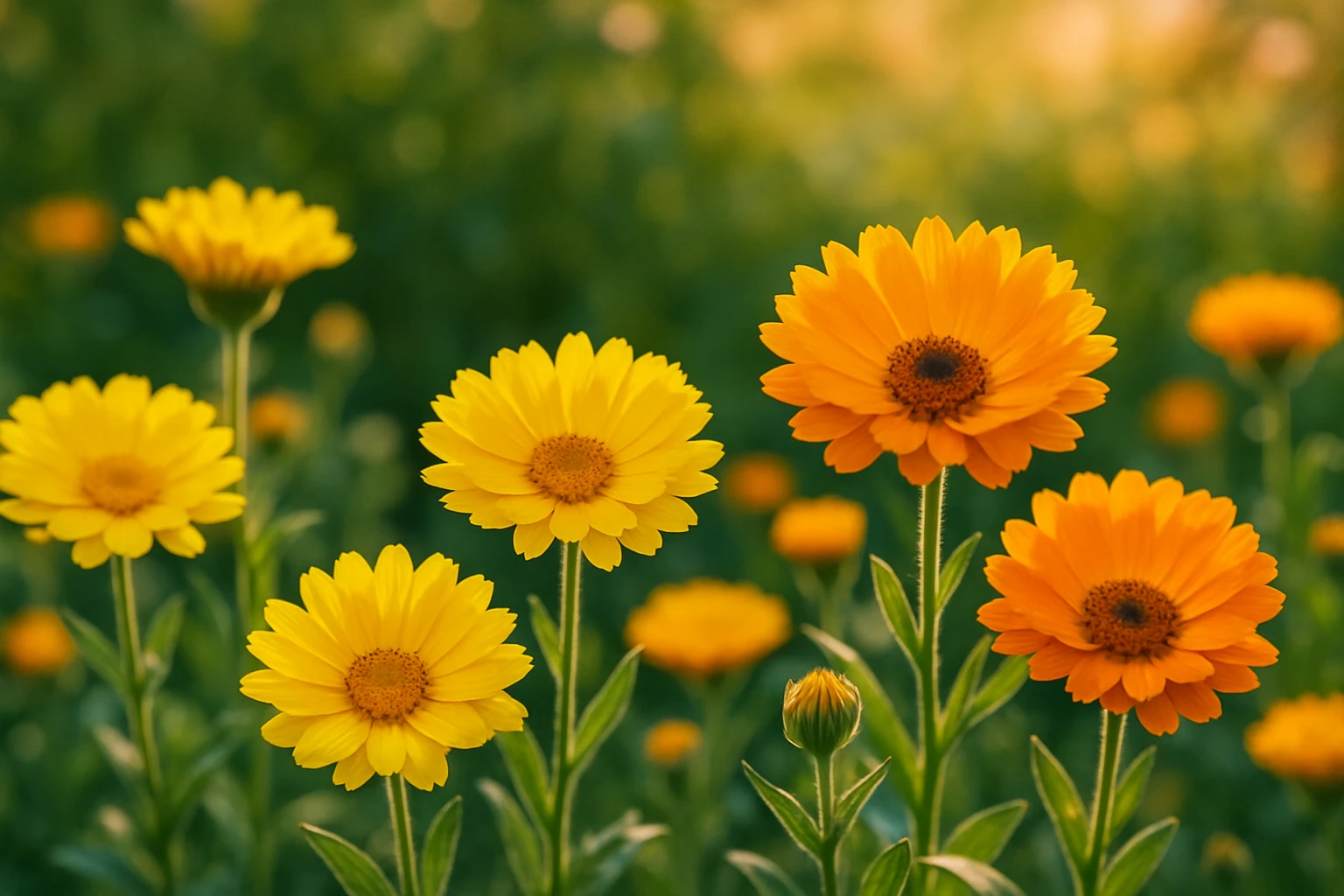 Creation by lad0305: A vibrant horizontal image of golden calendula flowers blooming in a sunlit garden during late summer. The flowers have rich yellow and orange petals with soft green foliage in the background. The scene feels warm and serene, capturing the transition from summer to early autumn.