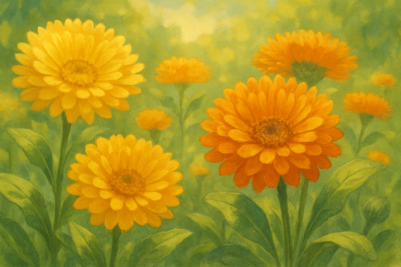 Creation by leesung: A horizontal illustration of vibrant calendula flowers in full bloom in a summer garden, detailed petals glowing in golden yellow and orange hues, surrounded by lush green leaves, soft sunlight casting gentle shadows, artistic style with soft textures – illustration, horizontal layout.
