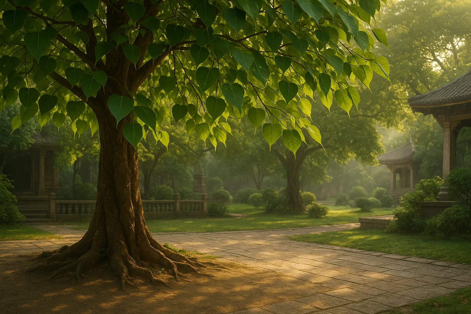 Creation by lad0305: A sacred Bodhi tree (Ficus religiosa) in a serene temple garden, with heart-shaped green leaves fluttering gently in the wind, soft sunlight filtering through the branches, and a peaceful atmosphere, horizontal layout, no text