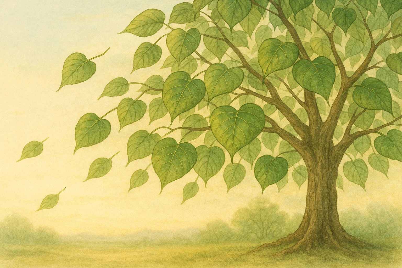 Creation by leesung: A peaceful horizontal illustration of the Bodhi tree (Ficus religiosa) with heart-shaped green leaves fluttering in the breeze, soft golden sunlight filtering through the branches, a serene atmosphere with a calm sky and gentle shading, botanical illustration style