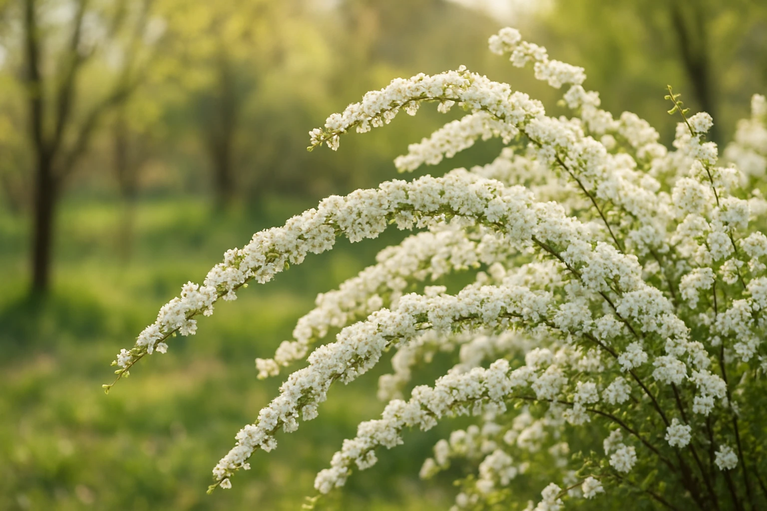 Creation by lad0305: A horizontal image of a Spiraea prunifolia (bridal wreath spirea) in full bloom, showing white clusters of tiny flowers densely covering the arching branches, set in a serene spring garden or countryside scene with soft sunlight filtering through, no text.