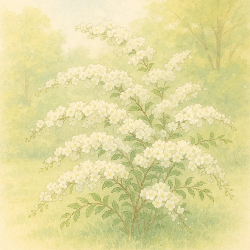 Creation by leesung: A delicate spirea shrub in full bloom, with clusters of small white flowers covering arching branches. The background shows a serene late spring garden with soft sunlight and light green foliage. Focus on the texture of the flowers and the bush's airy shape. Peaceful, botanical illustration style.