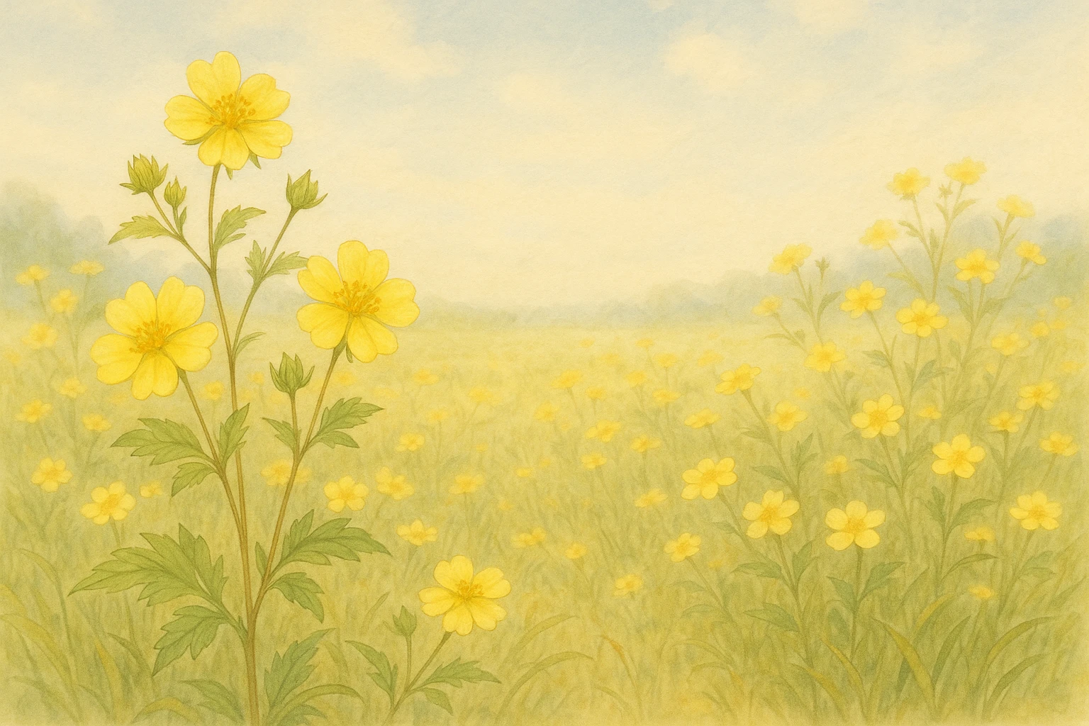 Creation by leesung: An illustrated horizontal layout of Potentilla chinensis (Korean Cinquefoil) blooming in a sunny meadow, soft pastel tones, gentle breeze swaying the delicate yellow flowers, natural botanical style