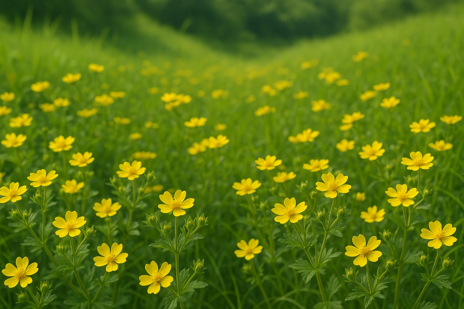 Creation by lad0305: A horizontal image of yellow Potentilla chinensis flowers blooming in clusters on a lush summer field, with green grass and gentle sunlight, capturing the natural beauty and strength of wildflowers in a Korean landscape