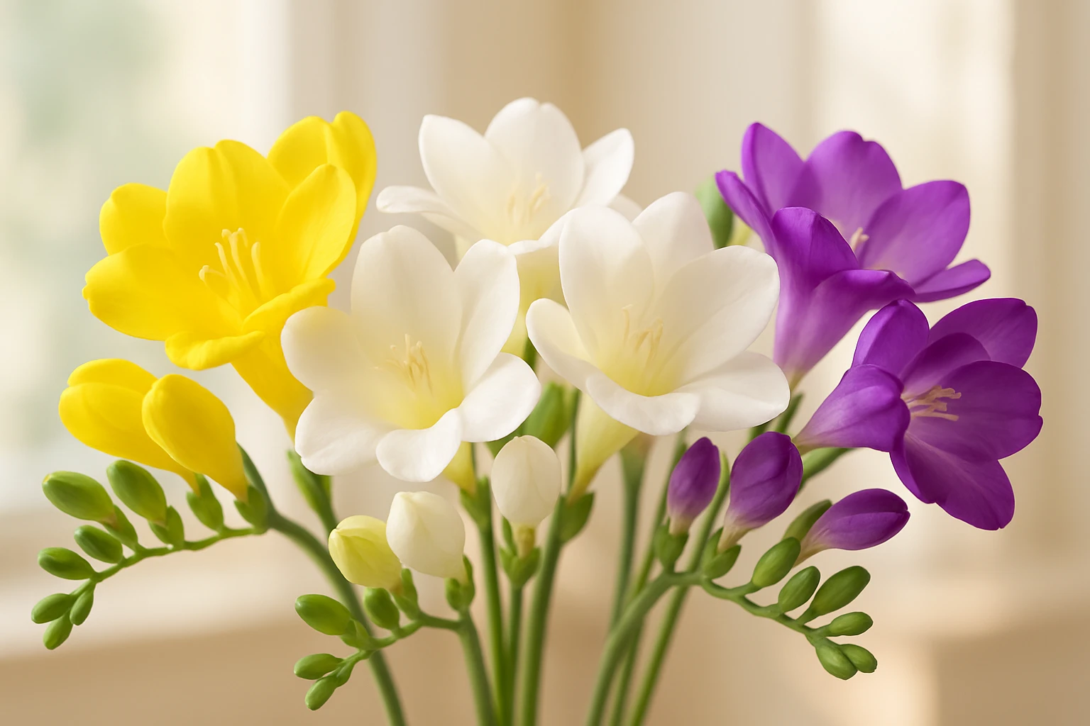 Creation by lad0305: A horizontal layout image of vibrant freesia flowers in full bloom, with yellow, white, and purple blossoms arranged in a soft, elegant bouquet style. The background is a softly blurred indoor setting with natural sunlight filtering through, evoking a calm and fragrant springtime atmosphere. No text.