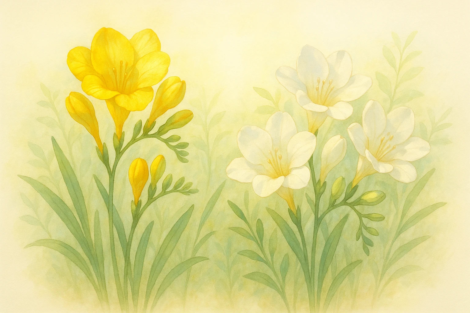 Creation by leesung: A vibrant illustration of yellow and white freesias blooming under soft morning light, surrounded by delicate green leaves, in a gentle garden setting – horizontal layout, botanical style, pastel colors, clean background