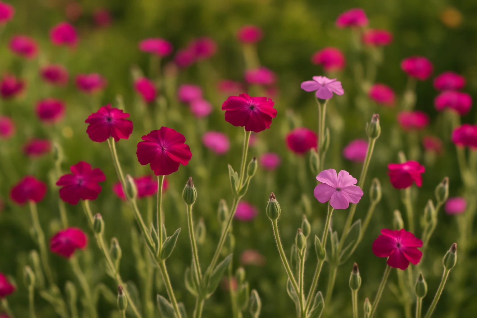 Creation by lad0305: A horizontal layout image of a vibrant Rosa Campion (Lychnis coronaria) flower garden in summer, with velvety silver-green foliage and vivid magenta and pink blossoms glowing under warm sunlight, natural background, no text