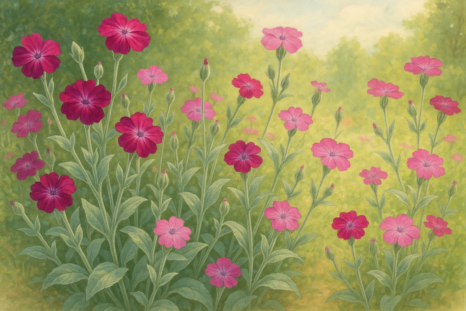 Creation by leesung: A horizontal illustration of Lychnis coronaria (Rose Campion) in full bloom, soft silvery-green foliage contrasting with vivid magenta and pink flowers, in a sunlit summer garden setting, delicate and detailed botanical style