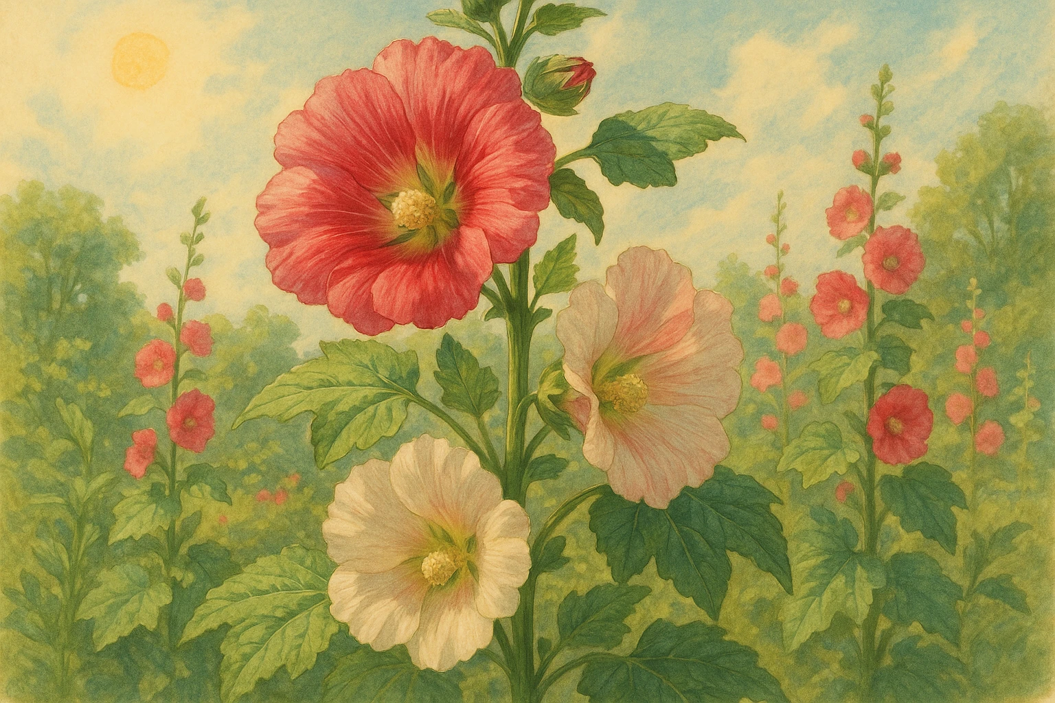 Creation by leesung: A blooming hollyhock in full summer sun, surrounded by a lush garden backdrop, with tall stems and layered petals in shades of pink, red, and white, gentle breeze rustling the leaves – vibrant, warm, and elegant botanical illustration style