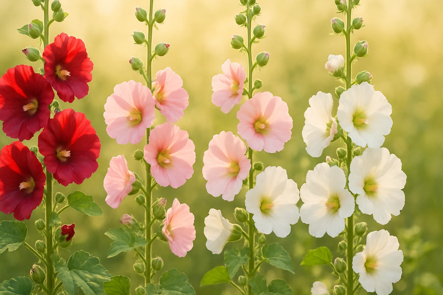 Creation by lad0305: A horizontal, realistic-style photograph of blooming hollyhock (Alcea rosea) flowers in summer. The image features tall green stems with multiple layers of vibrant hollyhock blossoms in deep red, soft pink, and pure white. The flowers are in full bloom, surrounded by healthy green foliage. The background is softly blurred with warm daylight and a light breeze, evoking a calm, nostalgic summer atmosphere. No text, only natural elements in a realistic outdoor setting, suitable for a blog header image.