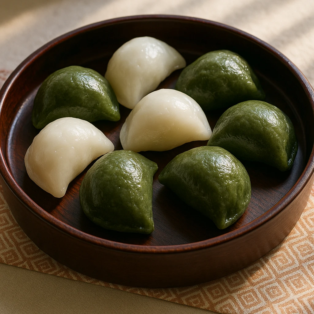 Creation by creationbyai: A realistic shot of assorted songpyeon in white and green colors, beautifully placed in a round lacquer tray with patterned cloth underneath, soft daylight highlighting the texture.