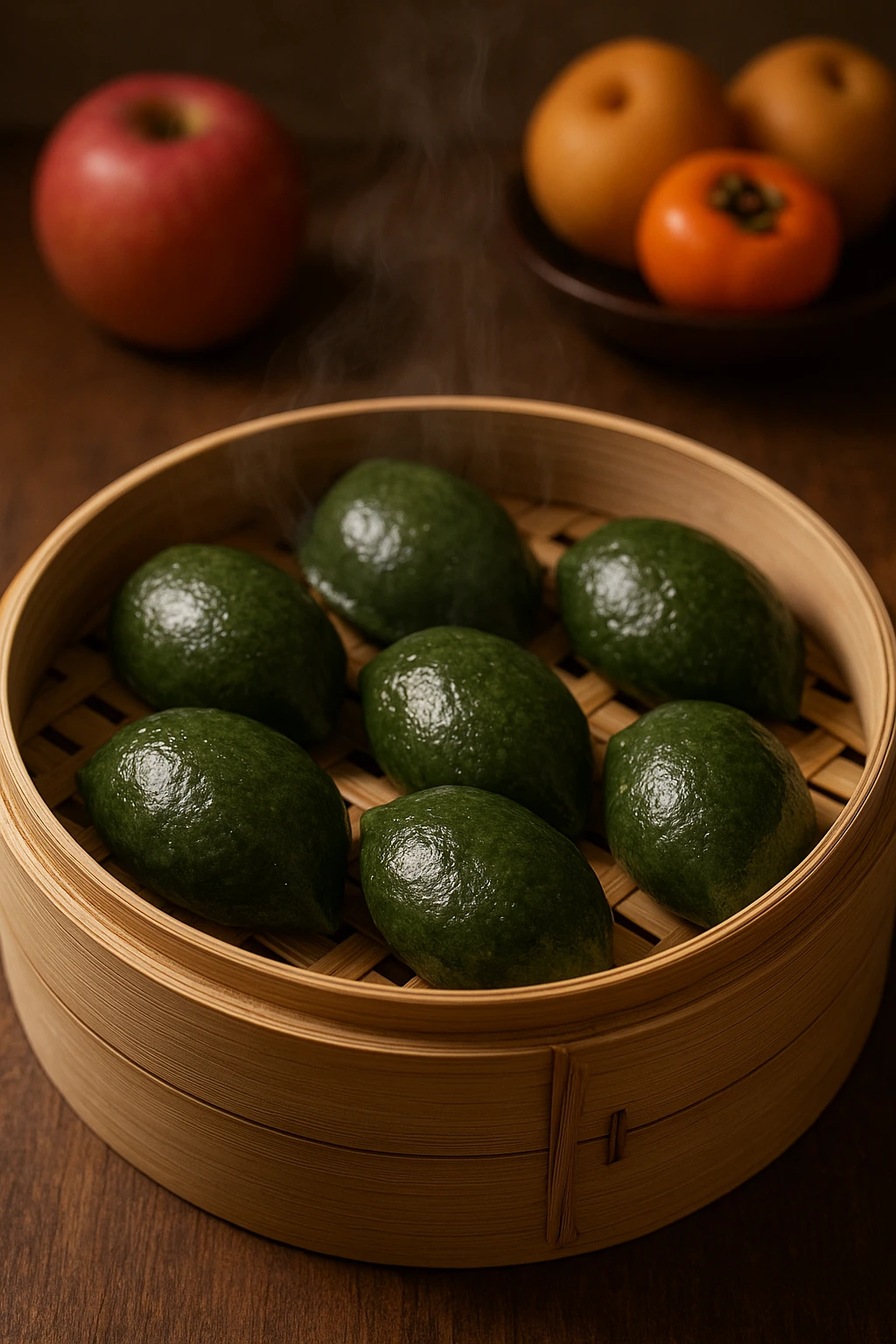 Creation by creationbyai: A realistic photo of green songpyeon made with mugwort, arranged in a bamboo steamer basket, steam rising gently, traditional Korean style with autumn harvest fruits in the background.