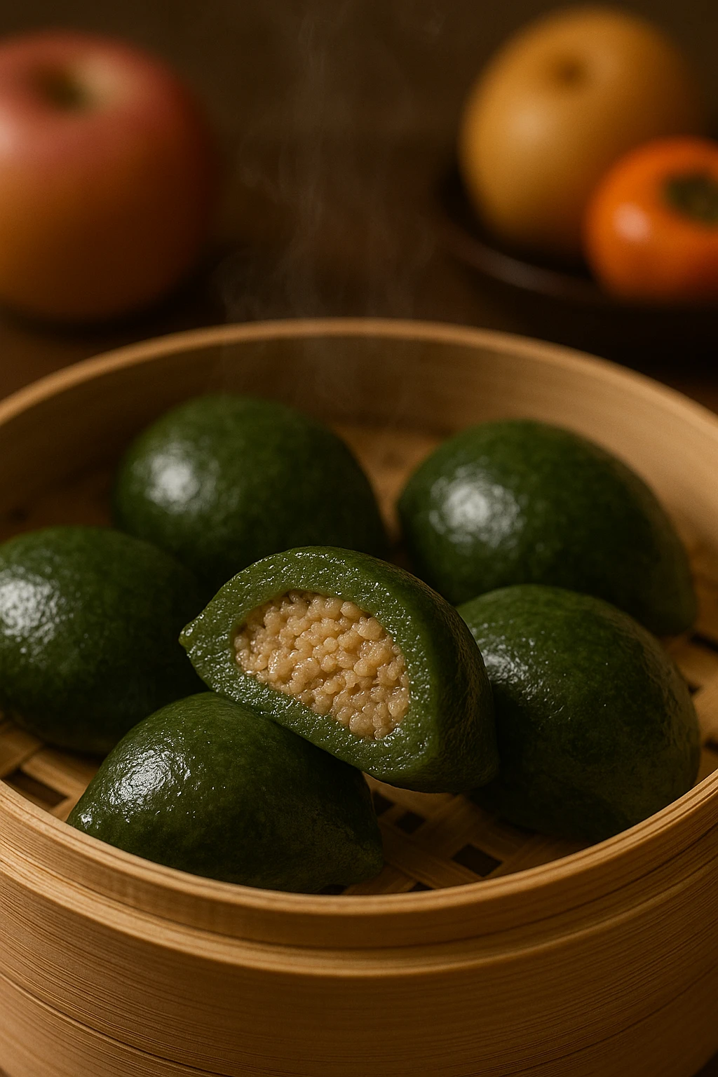 Creation by creationbyai: A realistic close-up photograph of green songpyeon made with mugwort, with one piece cut in half to reveal its moist beige sesame filling, arranged in a bamboo steamer basket, gentle steam rising, autumn harvest fruits such as apple, pear, and persimmon softly blurred in the background, traditional Korean atmosphere, warm and inviting lighting.