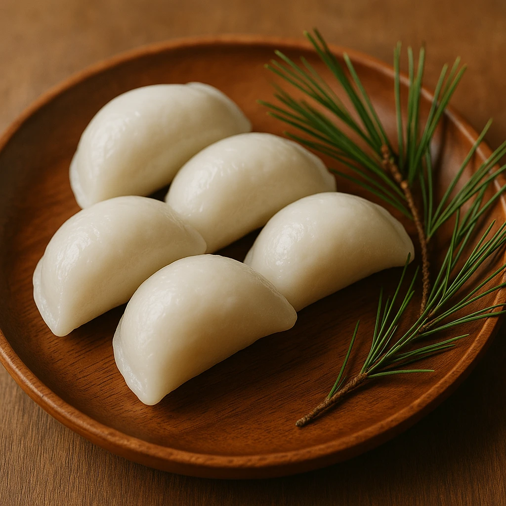 Creation by creationbyai: A realistic close-up photograph of traditional white songpyeon neatly placed on a wooden plate, soft natural lighting, a few pine needles beside for decoration, warm and inviting atmosphere.