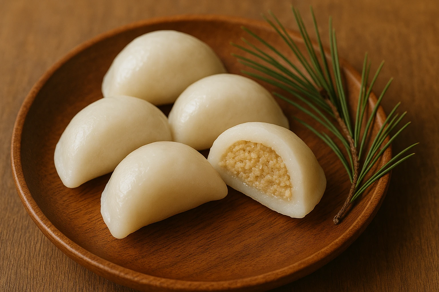 Creation by creationbyai: A realistic close-up photograph of traditional white songpyeon, with one piece cut in half to reveal its light beige sesame filling, neatly placed on a wooden plate, soft natural lighting, a few pine needles beside for decoration, warm and inviting atmosphere.