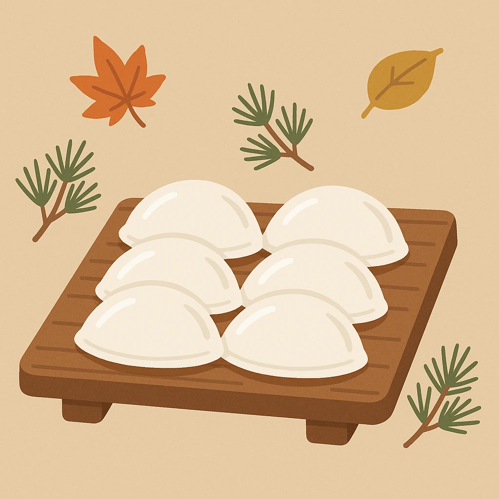Creation by creationbyai: A flat-style digital illustration of white songpyeon on a traditional wooden tray, minimal background with simple autumn leaves and pine branches for accent.