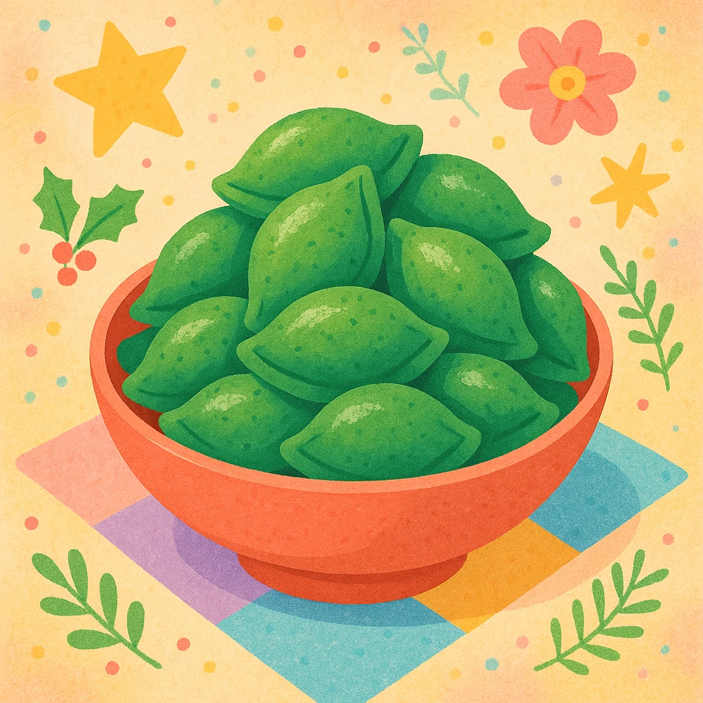 Creation by creationbyai: A colorful illustration of green mugwort songpyeon stacked in a bowl, cheerful pastel palette, festive holiday atmosphere.