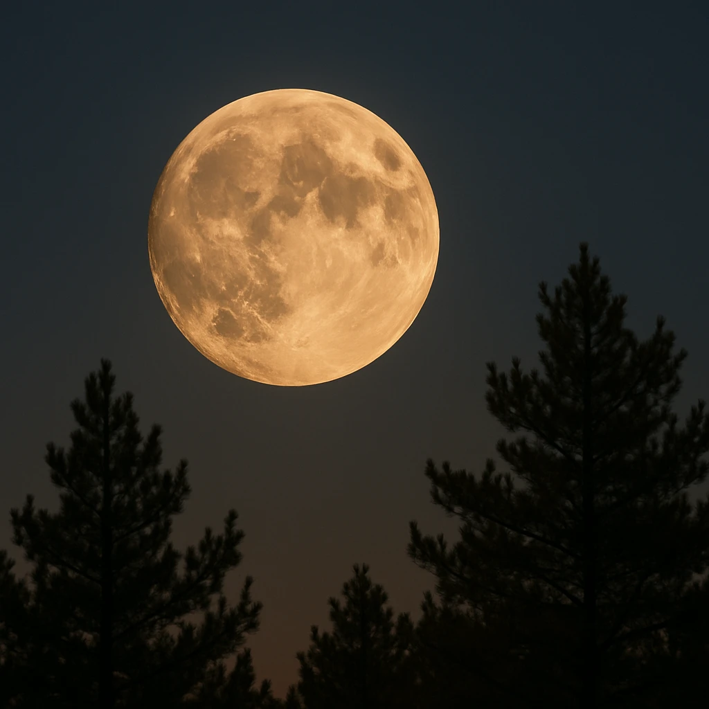 Creation by creationbyai: A realistic photograph of a bright full moon in the night sky, detailed craters visible, with a silhouette of pine trees at the bottom, calm autumn evening atmosphere.